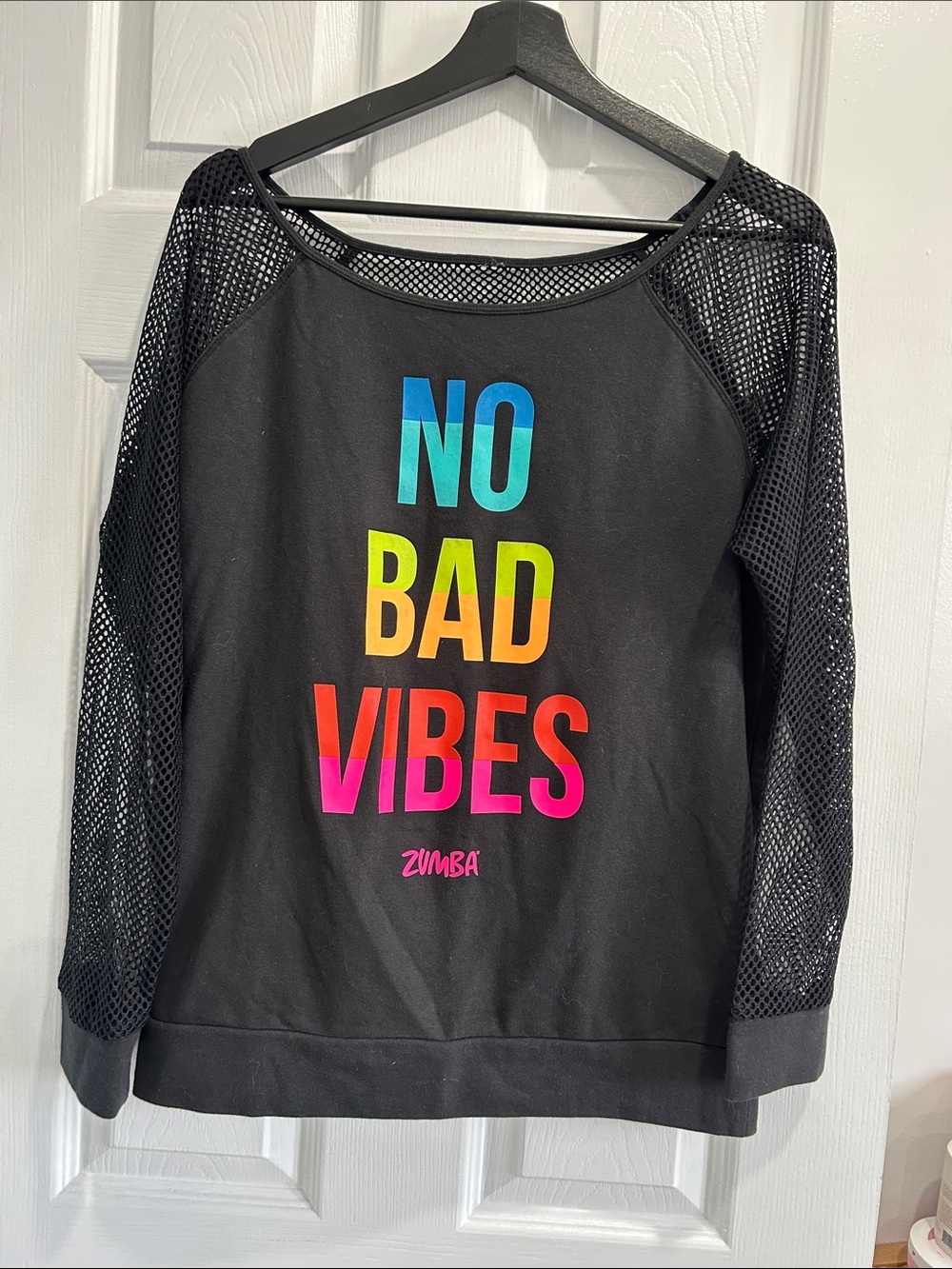 Zumba Fitness Black Mesh Pullover with Rainbow 'No Bad Vibes' Print